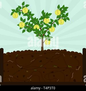 Planting Planting coin tree . Composting process with organic matter, microorganisms and earthworms. Fallen leaves on the ground. Conceptual Stock Vector