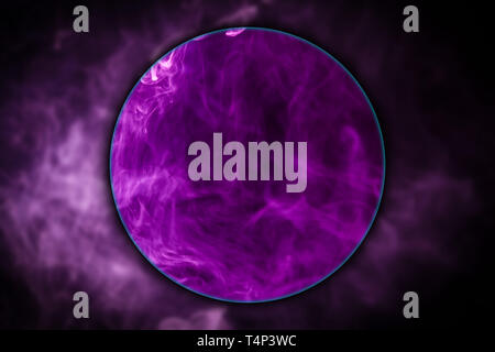 Close-up pink and blue cloud of smoke   blown under a magnifying glass on  black isolated background. Background from the smoke of vape Stock Photo