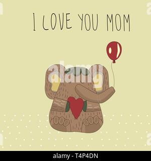 Cute elephant with gifts and balloons. Children's print on a t-shirt. Beautiful background with text I love you Mom . Vector Illustration Stock Vector