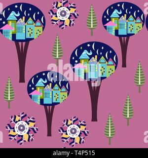 Beautiful odd fantasy trees seamless pattern. It is located in swatch menu, vector Stock Vector