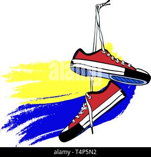 pair of red sports sneakers of hand-drawn hang on long laces. yellow blue background Stock Vector