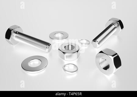 Bolts, nuts, washers, growers on a white background 3D rendering Stock Photo