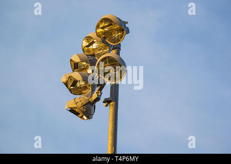 one set of lights on a pole for a baseball diamond at dawn Stock Photo