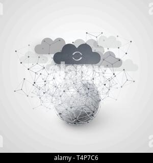 Cloud Computing and Global Networking Design Concept with Earth Globe and Geometric Mesh - Digital Network Connections, Technology Background Stock Vector