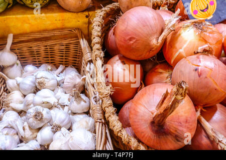 Vegetable market onions garlic in basket Stock Photo