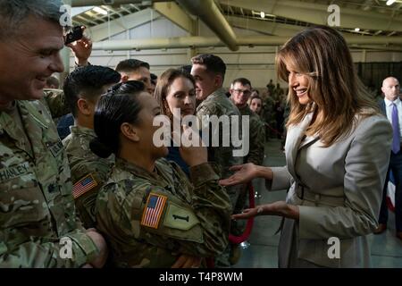 U.S First Lady Melania Trump chats with service members during a visit with members of the elite Army Airborne units April 15, 2019 in Fort Bragg, North Carolina. The First Lady visited the school for military families then addressed soldiers at the base. Stock Photo