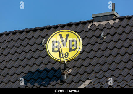 symbolic image, parabolic antenna in club colours and with club emblem of the German football club BVB 09 Borussia Dortmund on a house roof, television aerial, satellite TV, sports, football, Bundesliga, football mania, club loyalty, roofing tiles Stock Photo