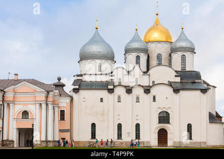Veliky Novgorod, Russia - July 30, 2016: Tourists walk near Cathedral of St. Sophia Stock Photo