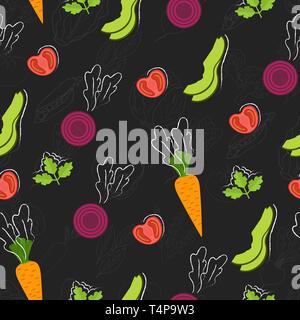 Seamless food pattern. Flat food on chalk board. Chalkboard pattern. Flat food. Vector illustration. Stock Vector