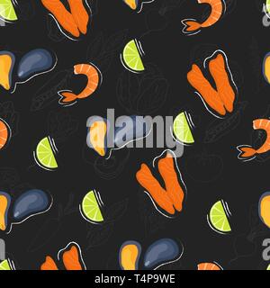 Seamless food pattern. Flat food on chalk board. Chalkboard pattern. Flat food. Vector illustration. Stock Vector