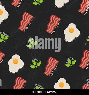 Seamless food pattern. Flat food on chalk board. Chalkboard pattern. Flat food. Vector illustration. Stock Vector