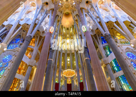 The interior of Sagrada Familia (Church of the Holy Family), the cathedral designed by Gaudi in Barcelona, Spain Stock Photo