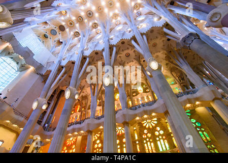 The interior of Sagrada Familia (Church of the Holy Family), the cathedral designed by Gaudi in Barcelona, Spain Stock Photo