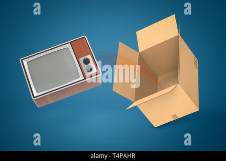 3d rendering of retro TV set flying out of cardboard box suspended in air against blue background. Stock Photo