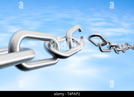 3D rendering of broken chain against a blue sky Stock Photo