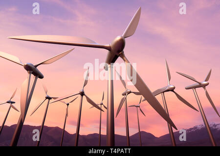 3D rendering of a wind farm at sunset