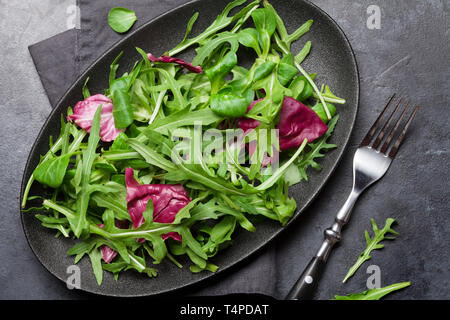 Green salad mix plate with rucola, frisee, radicchio and lamb's lettuce. Top view Stock Photo