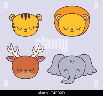 head of cute tiger with group animals vector illustration design Stock Vector