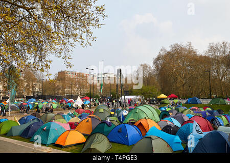 London, UK. - April 17, 2019: A camp-site established on the Marble Arch roundabout by members of  Extinction Rebellion during protests in the capital Stock Photo
