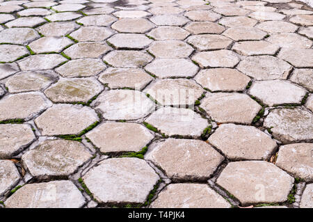 hexagon shaped tile paved sidewalk with perspective view. background, urban. Stock Photo