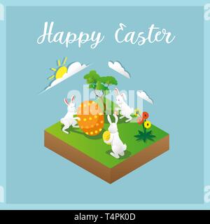 Isometric greeting card with Easter rabbit carrying eggs Stock Vector