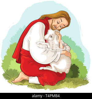 History of Jesus Christ. The Parable of the Lost Sheep. The Good Shepherd Rescuing a Lamb Caught in Thorns Stock Photo