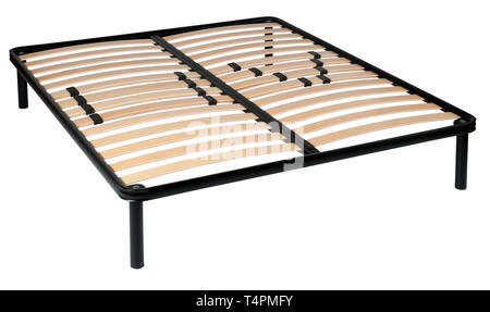 Queen-size orthopaedic net bed with black metal frame and wooden slats isolated on white with copy space and no bedding or mattress Stock Photo