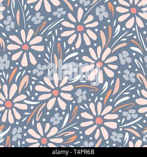 Pastel hand-painted daisies and foliage on grey background vector seamless pattern. Spring summer floral graphic print. Perfect for textiles, statione Stock Vector