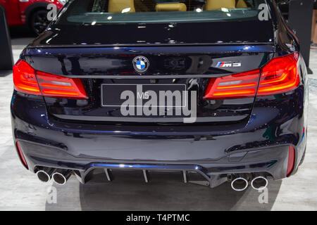 Nonthaburi, Thailand - April 3, 2019: Back view of BMW M5 presented in Motor Show 2019 Stock Photo