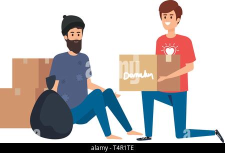 man volunteer giving a homeless man donations box Stock Vector Image ...