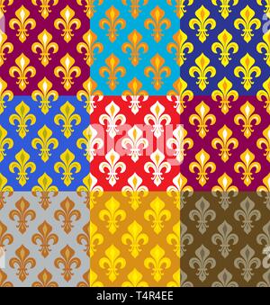Royal Heraldic Lilies (Fleur de lis) -- Rich colorful wallpaper, fabric textile, seamless pattern, set of 9 versicolored tiles. Stock Vector