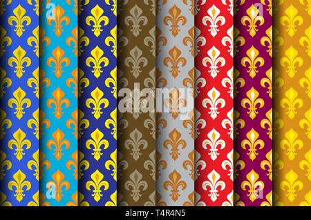 Royal Heraldic Lilies (Fleur de lis) -- Rich colorful wallpaper, fabric textile, seamless pattern, set of 8 versicolored rolls. Stock Vector