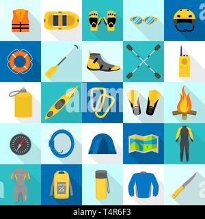 Rafting kayak icons set, flat style Stock Vector