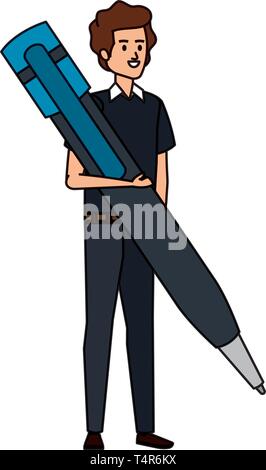 young teacher male with big pen character Stock Vector