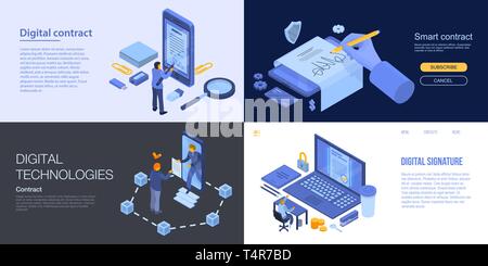 Digital contract banner set, isometric style Stock Vector