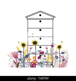 Bright flower meadow with beehive in summer. Mix difference colour of rural flower. A lot of various beautiful flowers and busy bees . Sunny country Stock Vector