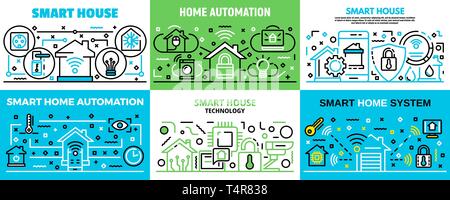 Smart home banner set, outline style Stock Vector