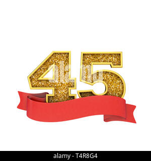 Number 45 gold glitter celebration with a red scroll banner. 3D Render Stock Photo