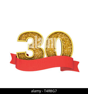 Number 30 gold glitter celebration with a red scroll banner. 3D Render Stock Photo