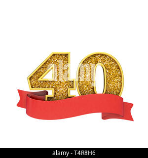 Number 40 gold glitter celebration with a red scroll banner. 3D Render Stock Photo