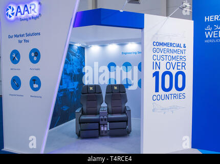 Hamburg, Germany. 03rd Apr, 2019. A booth at the Aircraft Interiors Expo. More than 500 exhibitors present news and innovations for the aircraft cabin at the fair. Credit: Jens Büttner/dpa-Zentralbild/ZB/dpa/Alamy Live News Stock Photo