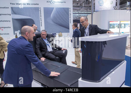 Hamburg, Germany. 03rd Apr, 2019. The ACH&NewDesignAir stand at the Aircraft Interiors Expo trade fair. More than 500 exhibitors present news and innovations for the aircraft cabin at the fair. Credit: Jens Büttner/dpa-Zentralbild/ZB/dpa/Alamy Live News Stock Photo