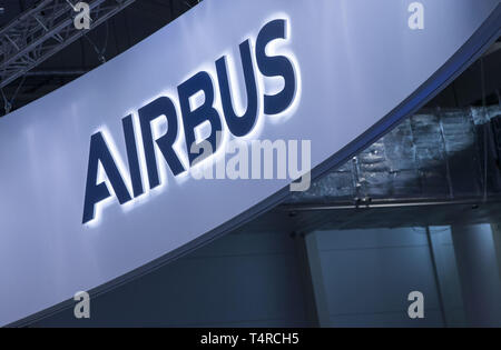 Hamburg, Germany. 03rd Apr, 2019. The Airbus stand at the Aircraft Interiors Expo. More than 500 exhibitors present news and innovations for the aircraft cabin at the fair. Credit: Jens Büttner/dpa-Zentralbild/ZB/dpa/Alamy Live News Stock Photo