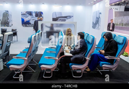 Hamburg, Germany. 03rd Apr, 2019. The ZIM Aircraft Equipment stand at the Aircraft Interiors Expo. More than 500 exhibitors present news and innovations for the aircraft cabin at the fair. Credit: Jens Büttner/dpa-Zentralbild/ZB/dpa/Alamy Live News Stock Photo