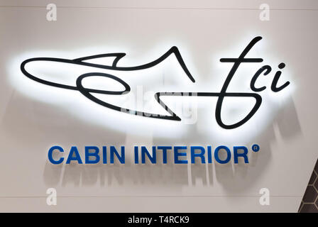 Hamburg, Germany. 03rd Apr, 2019. Cabin Interior, the aircraft equipment manufacturer's stand at the Aircraft Interiors Expo trade fair. More than 500 exhibitors present news and innovations for the aircraft cabin at the fair. Credit: Jens Büttner/dpa-Zentralbild/ZB/dpa/Alamy Live News Stock Photo