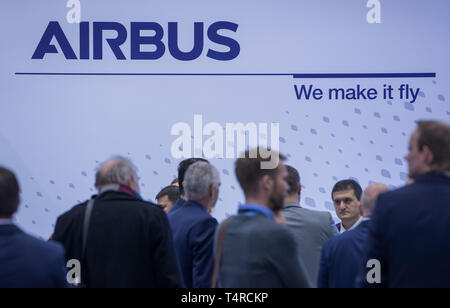 Hamburg, Germany. 03rd Apr, 2019. The Airbus stand at the Aircraft Interiors Expo. More than 500 exhibitors present news and innovations for the aircraft cabin at the fair. Credit: Jens Büttner/dpa-Zentralbild/ZB/dpa/Alamy Live News Stock Photo