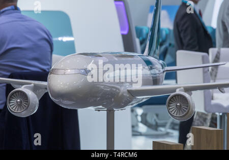 Hamburg, Germany. 03rd Apr, 2019. A booth at the Aircraft Interiors Expo. More than 500 exhibitors present news and innovations for the aircraft cabin at the fair. Credit: Jens Büttner/dpa-Zentralbild/ZB/dpa/Alamy Live News Stock Photo