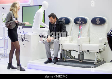 Hamburg, Germany. 03rd Apr, 2019. A booth at the Aircraft Interiors Expo. More than 500 exhibitors present news and innovations for the aircraft cabin at the fair. Credit: Jens Büttner/dpa-Zentralbild/ZB/dpa/Alamy Live News Stock Photo