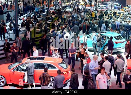 Beijing, China. 16th Apr, 2019. Visitors look at vehicles during the 18th Shanghai International Automobile Industry Exhibition in Shanghai, east China, April 16, 2019. Credit: Chen Jianli/Xinhua/Alamy Live News