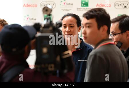 Stratford, London, UK. 18th Apr 2019. Anne Keithavong (Captain of the Great Britain team). Great Britain Captains press conference ahead of the World group II play off in the BNP Paribas Fed Cup. Lee Valley hockey and tennis centre. Queen Elizabeth Olympic Park. Stratford. London. UK. 18/04/2019. Credit: Sport In Pictures/Alamy Live News Stock Photo